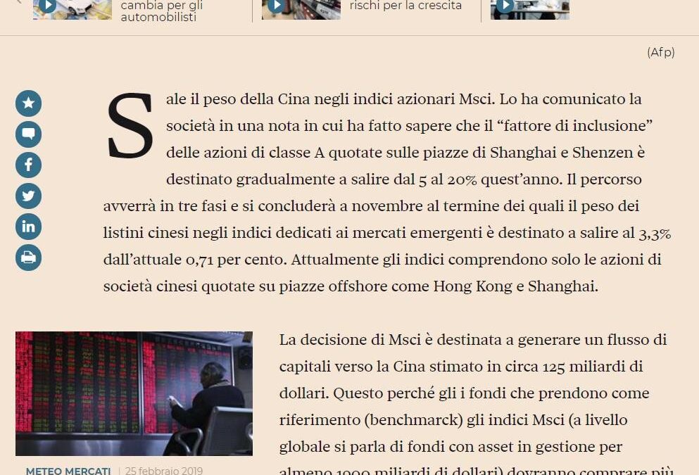 Morgan Stanley aumenta il peso delle azioni cinesi nel MSCI
