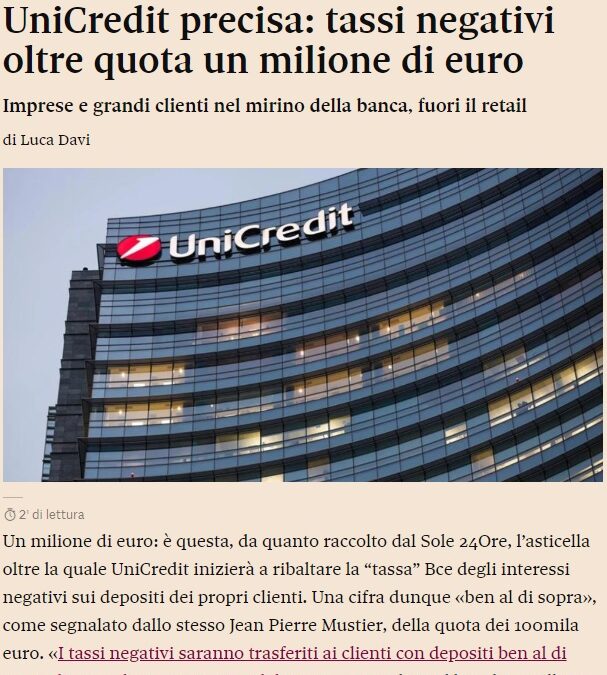 Unicredit tassi negativi sui conti ma le alternative possono essere anche peggio